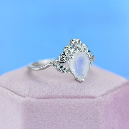 2ct Pear Cut Natural Moonstone Ring, White Gold Plated Ring Unique Curved Floral Ring