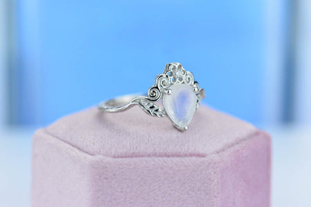 2ct Pear Cut Natural Moonstone Ring, White Gold Plated Ring Unique Curved Floral Ring