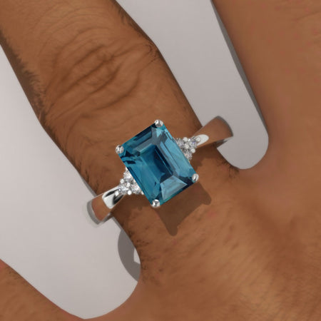 3.5 Carat Teal Sapphire Emerald Cut Engagement Gold Ring.