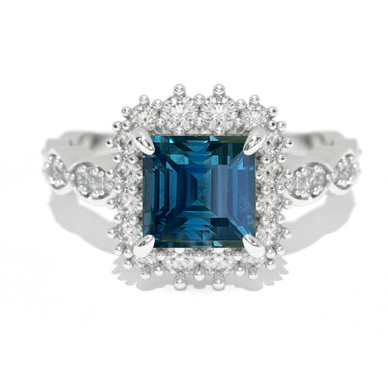 14K White Gold 1.5 Carat Princess Teal Sapphire Halo Engagement Ring