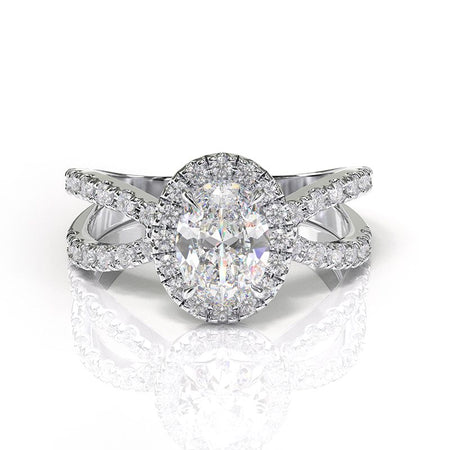 10K  White Gold 1.25 Carat Oval Forever One Moissanite Diamond Halo French-Set Engagement Ring