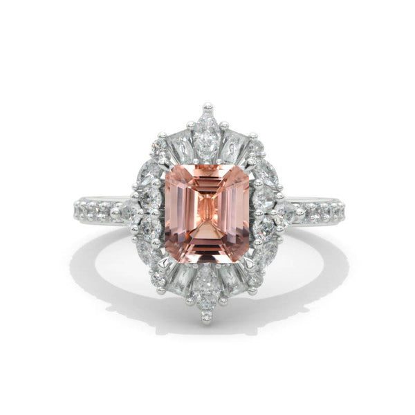 Genuine Peach Morganite Emerald Cut Halo White Gold Engagement Ring ...