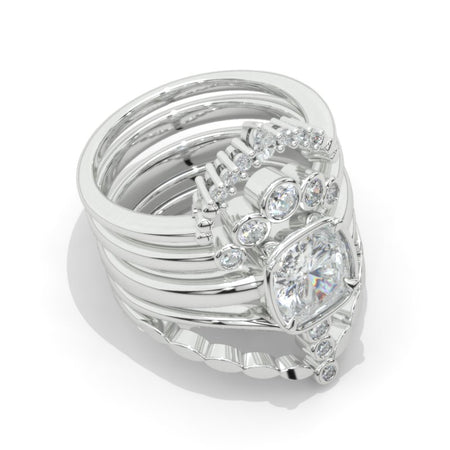 14K White Gold 1.5 Carat Cushion Halo Engagement Ring Eternity Three Ring Set