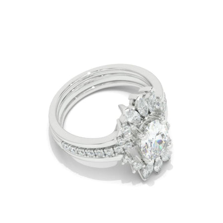 14K White Gold Oval Moissanite Halo Engagement Ring Two Eternity Rings Set