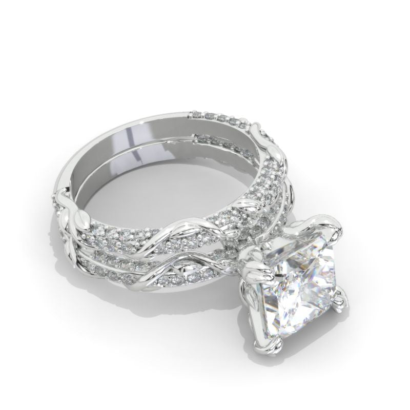 2 Carat Princess Cut Giliarto Moissanite Diamond White Gold Floral Engagement Ring Set