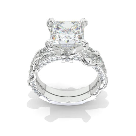 1.5 Carat Princess Cut Giliarto Moissanite White Gold Floral Engagement Ring Set