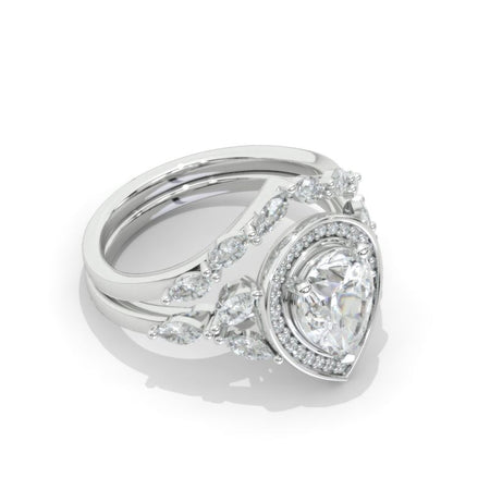 14K White Gold 1.5 Carat Pear Moissanite Halo Twisted Engagement Ring Eternity Ring Set