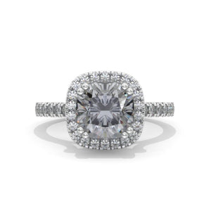 2.5 Carat Cushion Gray Moissanite Halo Engagement Ring. Victorian 14K White Gold Ring