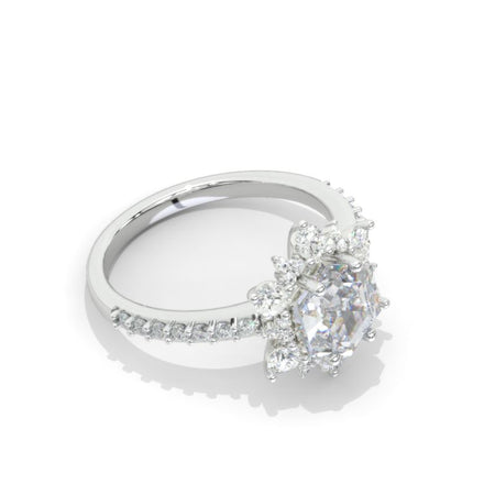 2 Carat Hexagon Moissanite Snowflake Halo Engagement Ring. Victorian 14K White Gold Ring