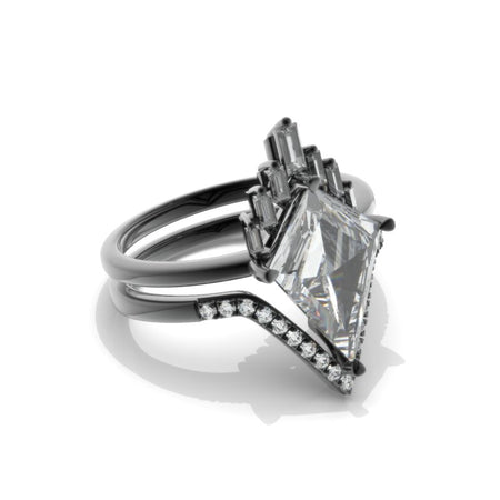 14K Black Gold 4 Carat Kite Moissanite Halo Engagement Ring, Eternity Ring Set