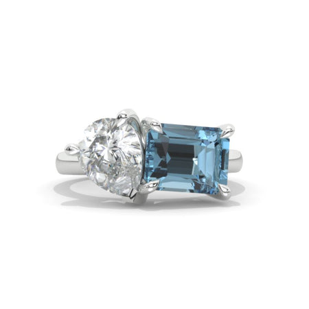 3 Carat Giliarto Emerald Cut Aquamarine with Pear Cut Paired Moissanite Two-Stone  Engagement Ring
