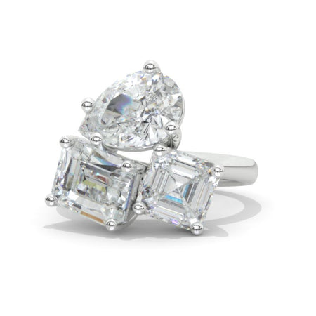 3 Carat Giliarto Emerald Cut with Pear Cut Paired with 2 Carat Asscher Cut Moissanite Two-Stone North-South Engagement Ring