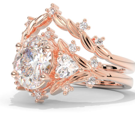 2 Carat Oval Moissanite Halo 14K White Gold Floral  Engagement Ring Set