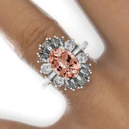 14K White Gold 3 Carat Oval Peach Morganite Halo Engagement Ring
