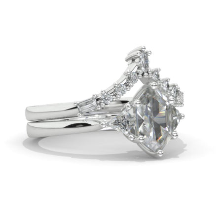 14K White Gold 3 Carat Hexagon Moissanite Halo Engagement Ring, Eternity Ring Set