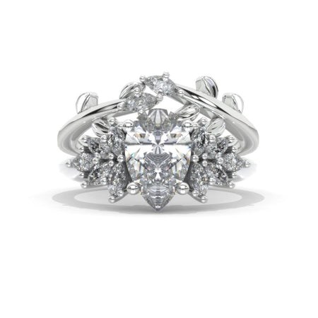 3CT Pear Shape Moissanite Engagement Ring Set, 3 Carat Pear Floral Twig Design 14K White Gold,