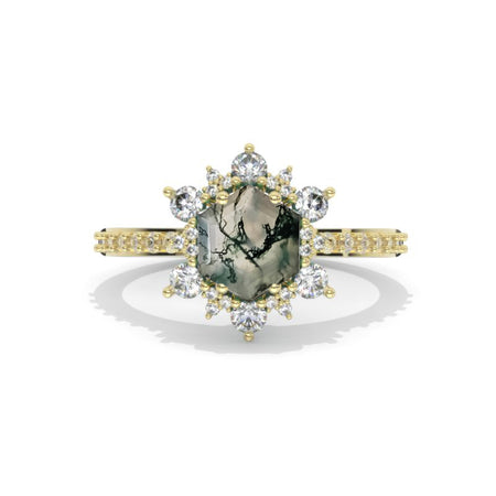 3 Carat Hexagon Genuine Moss Agate Snowflake Halo Engagement Ring. Victorian 14K White Gold Ring