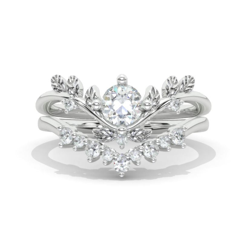 Moissanite Floral Halo 14K White Gold Engagement Ring Set