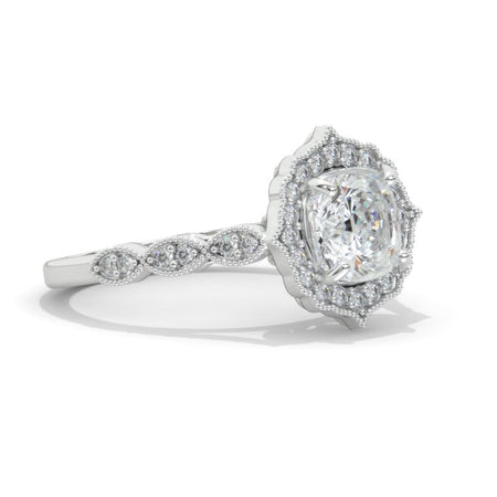 2.5 Carat Cushion Moissanite Halo Engagement Ring. Victorian 14K White Gold Ring