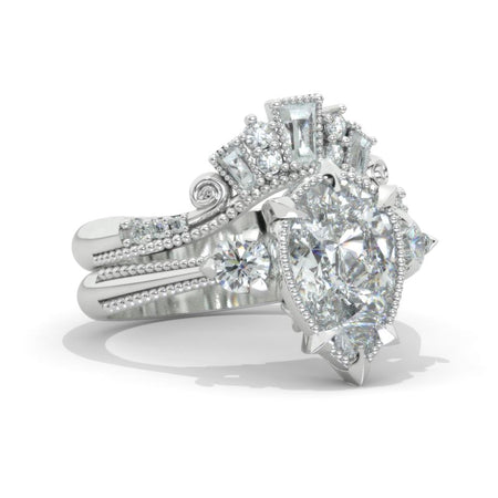 3CT Pear Shape Moissanite Engagement Ring Set, White Gold, Halo Vintage Moissanite Band, V Band Vintage Anniversary Ring Set