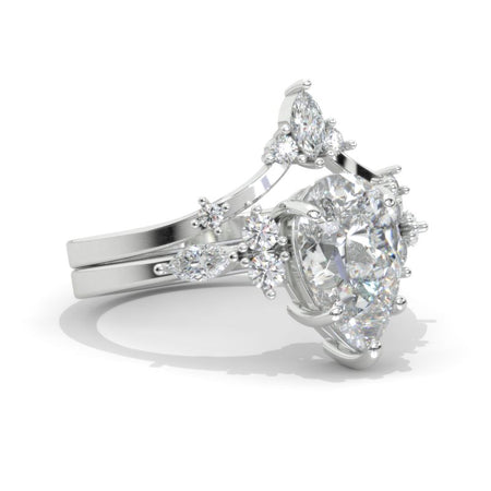 3 Carat Pear Moissanite Halo 14K White Gold Engagement Eternity Ring Set