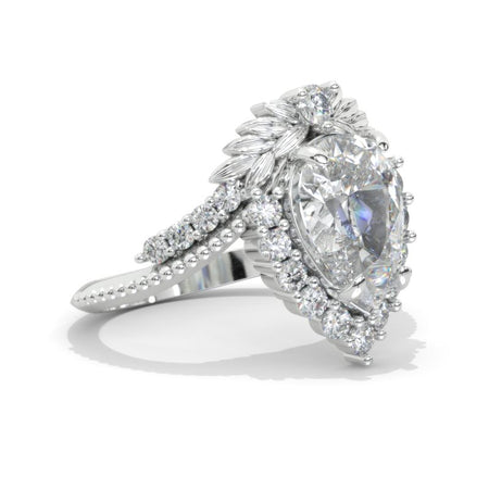 3 Carat Pear Moissanite Halo Floral Engagement Ring 14K White Gold