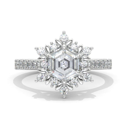 3 Carat Hexagon Moissanite Snowflake Halo 14K White Gold Engagement Ring Model 914-8