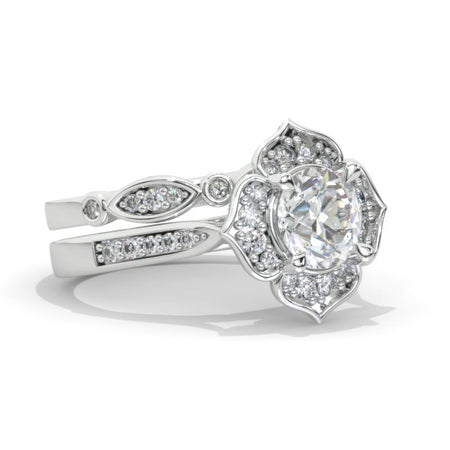 Moissanite Floral Halo 14K White Gold Engagement Ring, Eternity Ring Set