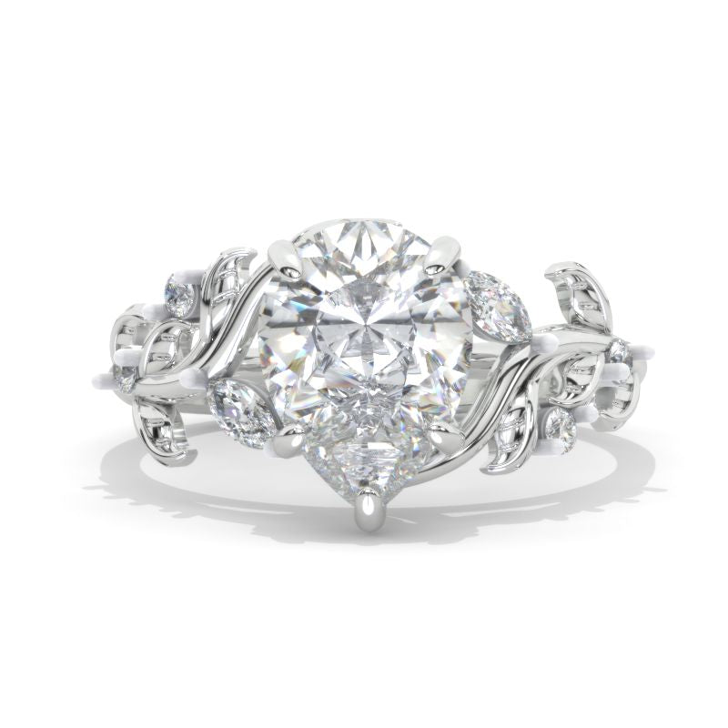 3 Carat Pear Moissanite Halo Floral Engagement Ring 14K White Gold Ring Set