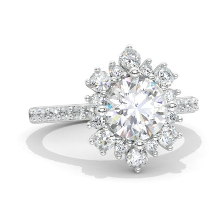 2 Carat Round Snowflake Halo Engagement Ring. Victorian 14K White Gold Ring