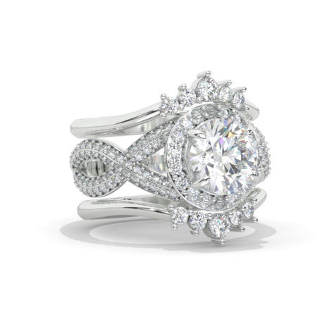 2 Carat Round Moissanite Halo 14K White Gold Twisted Shank Engagement Ring Set