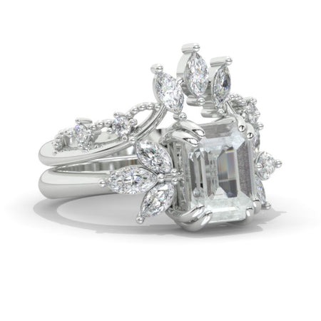 3 Carat Emerald Moissanite Cluster Floral Engagement Ring 14K White Gold Ring Set