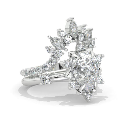 3 Carat Pear Moissanite Halo Floral Engagement Ring 14K White Gold Ring Set
