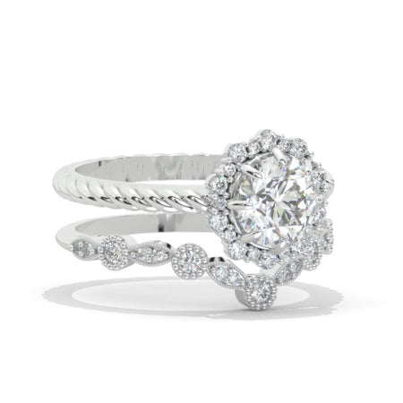 2 Carat Round Moissanite Halo 14k White Gold Engagement Ring Eternity Ring Set