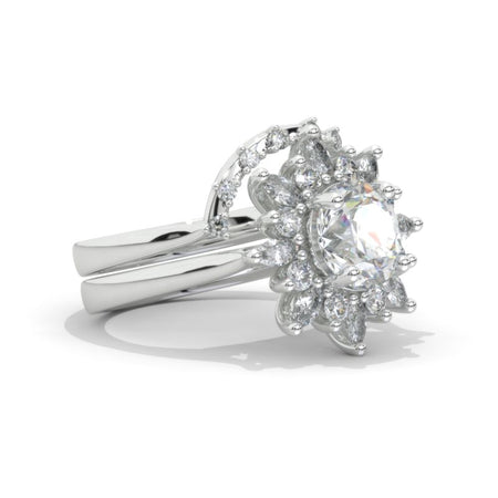 14K White Gold 2  Carat Round Moissanite Halo Engagement Ring Eternity Ring Set