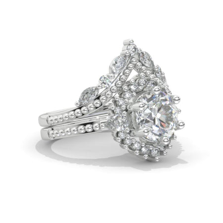 14K White Gold 2 Carat Round Moissanite Six Pronds Halo Engagement Ring V- Band Eternity Ring Set