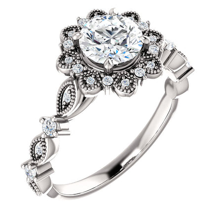 14K White Gold  6 mm  One Moissanite Center Stone  Round Halo Engagement Ring