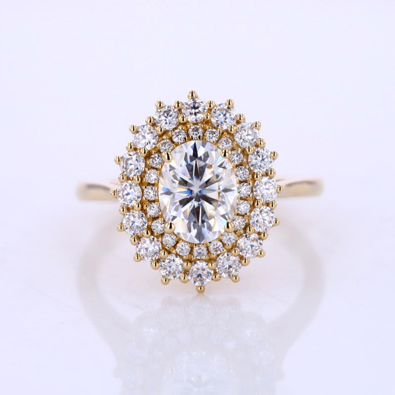 1 Ct Moissanite Double Halo Engagement Ring, Vintage Oval Shape Cut Moissanite Engagement Ring, Side Accents Stones 14K Gold