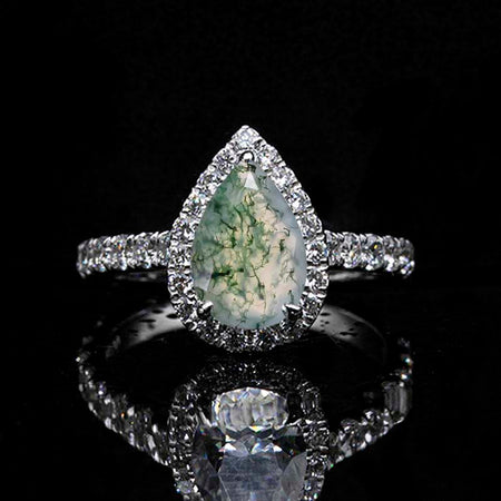 14K Solid White Gold 3 Carat Halo Pear Cut Genuine Moss Agate Ring