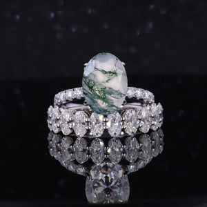 4 Carat Oval Cut Genuine Moss Agate White Gold Engagement Ring Set