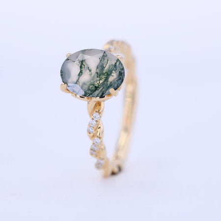 2 Carat Oval Genuine Moss Agate Hidden Halo Rose Gold Twisted Shank  Engagement Ring