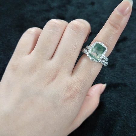 4Ct Genuine Moss Agate Engagement Ring Halo Radiant Cut Moss Agate Engagement Ring, 10x8mm Radiant Cut Genuine Moss Agate Engagement Ring with Eternity band