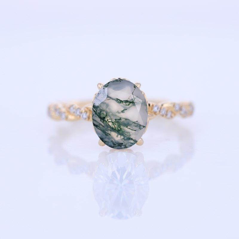 2 Carat Oval Genuine Moss Agate Hidden Halo Rose Gold Twisted Shank  Engagement Ring