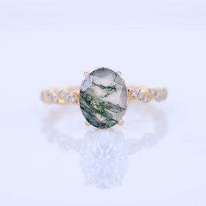 2 Carat Oval Genuine Moss Agate Hidden Halo Rose Gold Twisted Shank  Engagement Ring