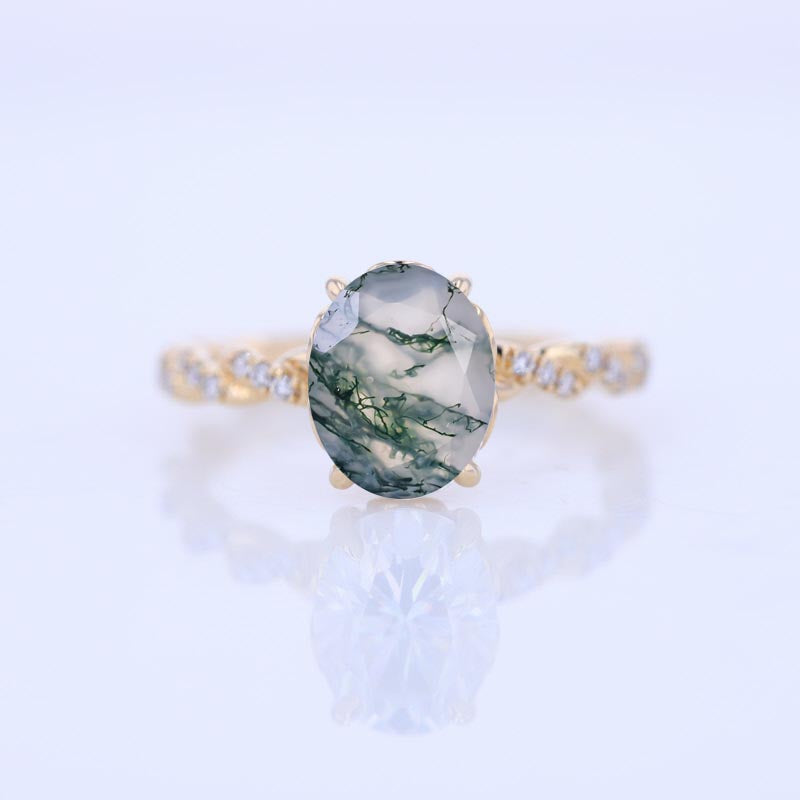 2 Carat Oval Genuine Moss Agate Hidden Halo Rose Gold Twisted Shank  Engagement Ring