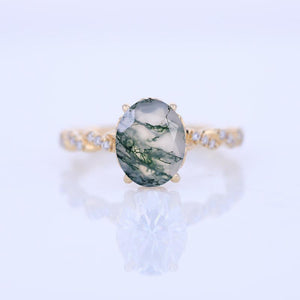 2 Carat Oval Genuine Moss Agate Hidden Halo Rose Gold Twisted Shank  Engagement Ring