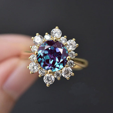 Snowflake Alexandrite Ring, 2.0ct Round Cut Alexandrite Halo Ring, Solid 14K White Gold Ring