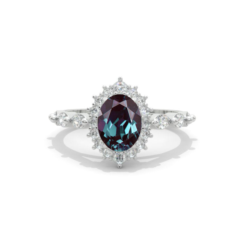 14K White Gold 1.2 Carat Oval Alexandrite Halo Engagement Ring