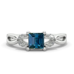 Princess Cut Teal Sapphire Twisted Shank Engagement Ring