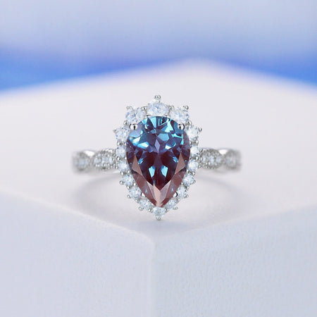 14K White Gold 2 Carat Pear Alexandrite Halo Engagement Ring